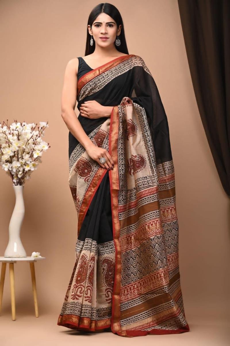 Pure Maheshwari Silk Saree - Black Beige Paisley Print (Front View) | BagruPrintCrafts