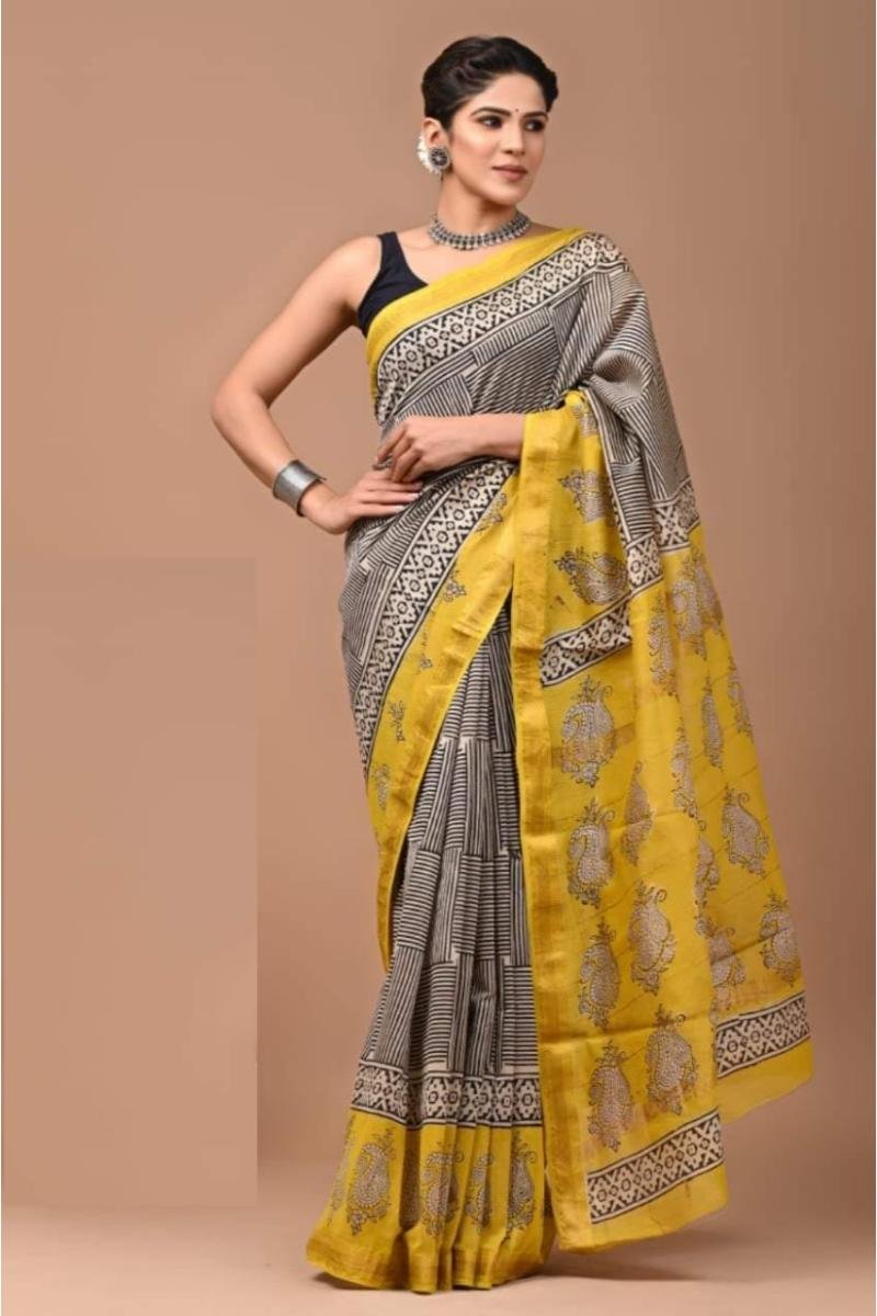 Maheshwari Silk Sarees - Grey-Yellow Geometric (Front View) | BagruPrintCrafts