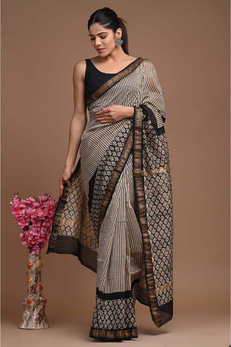 Pure Maheshwari Silk Saree - Beige Black Striped Block (Front View) | BagruPrintCrafts