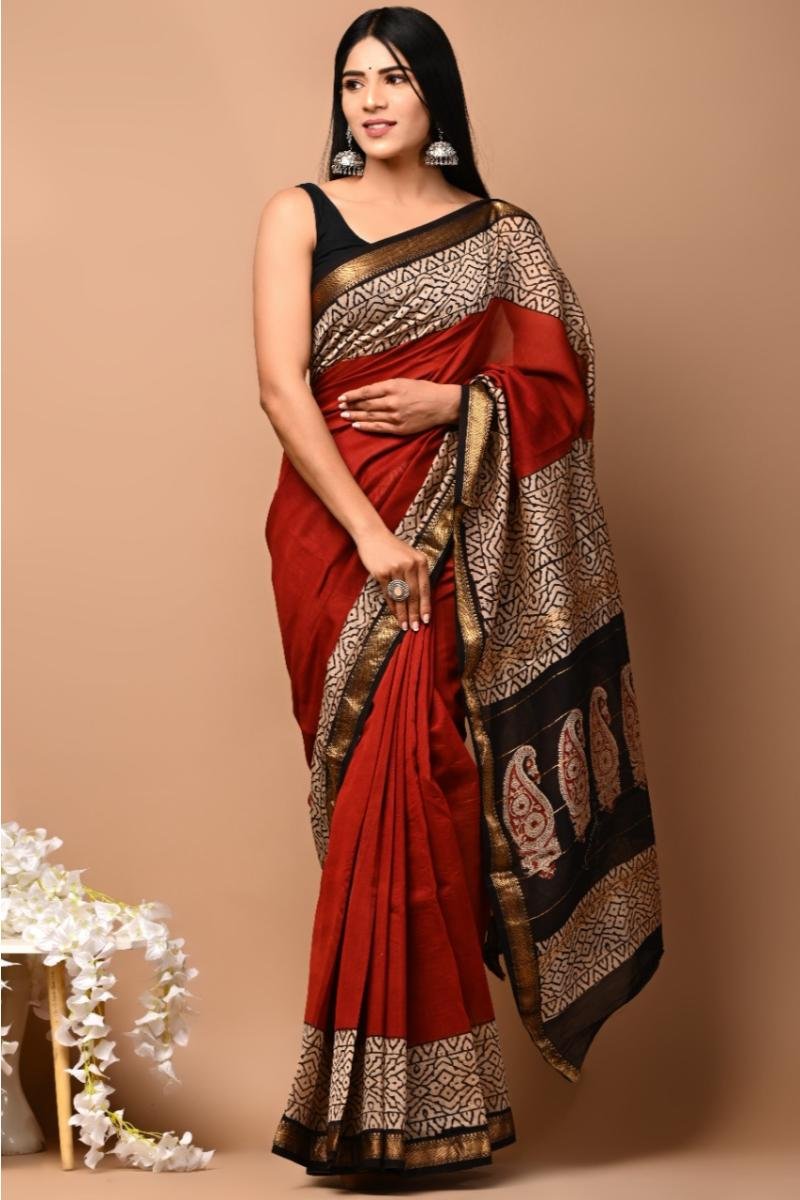 Bagru Maheshwari Silk Saree - Maroon Beige Hand Block (Front View) | BagruPrintCrafts