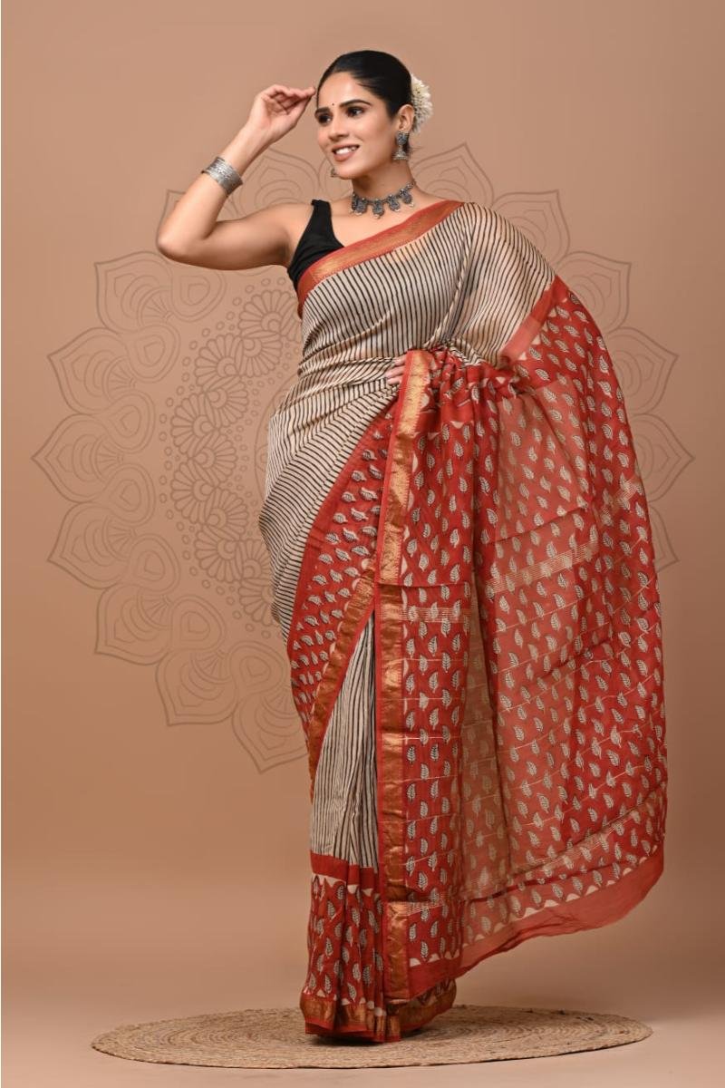 Bagh Print Maheshwari Silk Saree - Beige Red Bagh Print Pallu (Front View) | BagruPrintCrafts