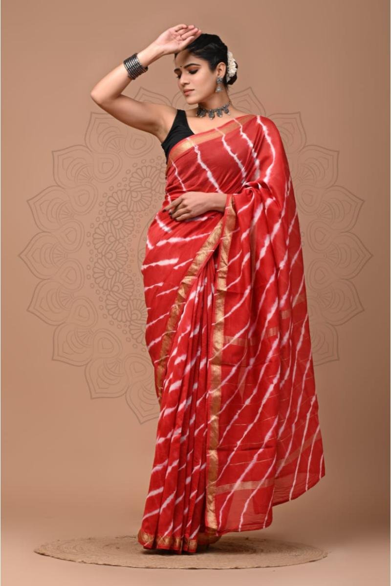 Cotton Silk Maheshwari Saree - Red White Leheriya Print (Front View) | BagruPrintCrafts