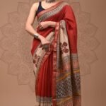 Red Maheshwari Silk Saree - Red Beige Hand Block (Front View) | BagruPrintCrafts