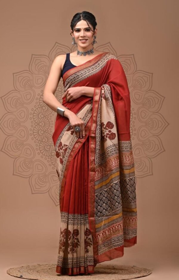 Red Maheshwari Silk Saree - Red Beige Hand Block (Front View) | BagruPrintCrafts