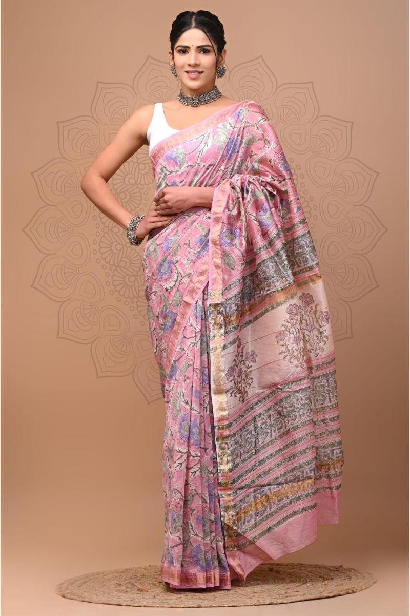 Maheshwari Silk Saree - Pink Multi Floral Print (Front View) | BagruPrintCrafts