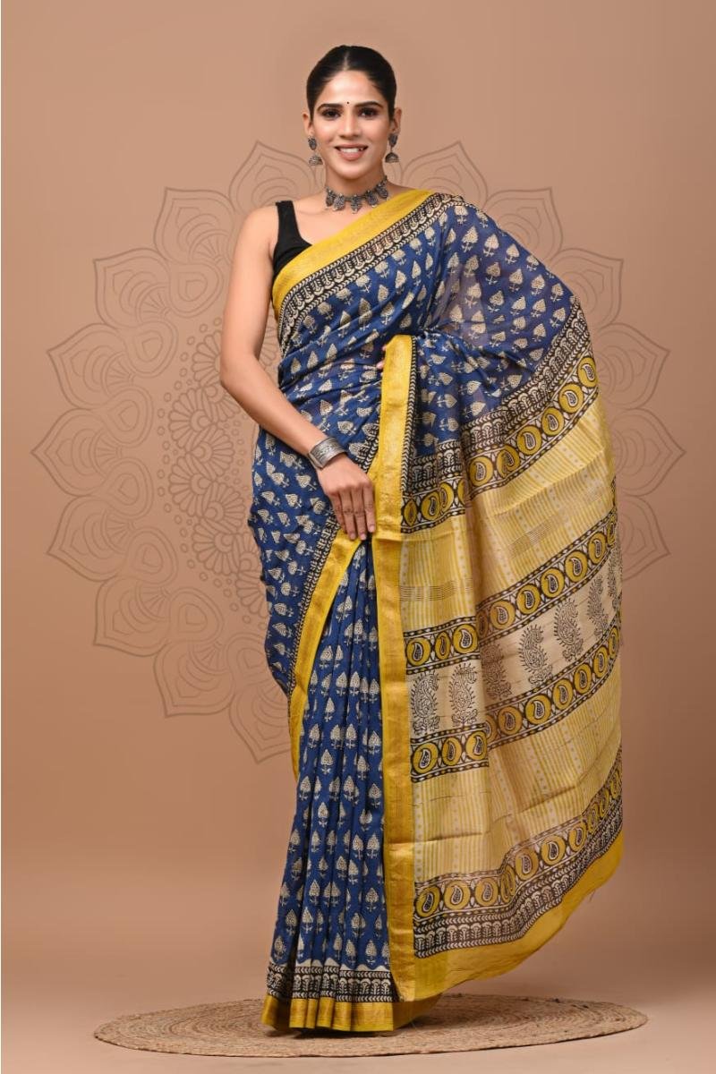 Bagru Maheshwari Cotton Silk Saree - Blue Yellow Hand Block (Front View) | BagruPrintCrafts