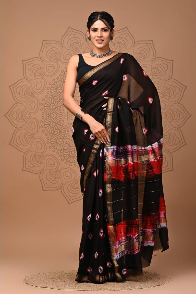 Black Maheshwari Silk Sarees - Black Tie-Dye (Front View) | BagruPrintCrafts
