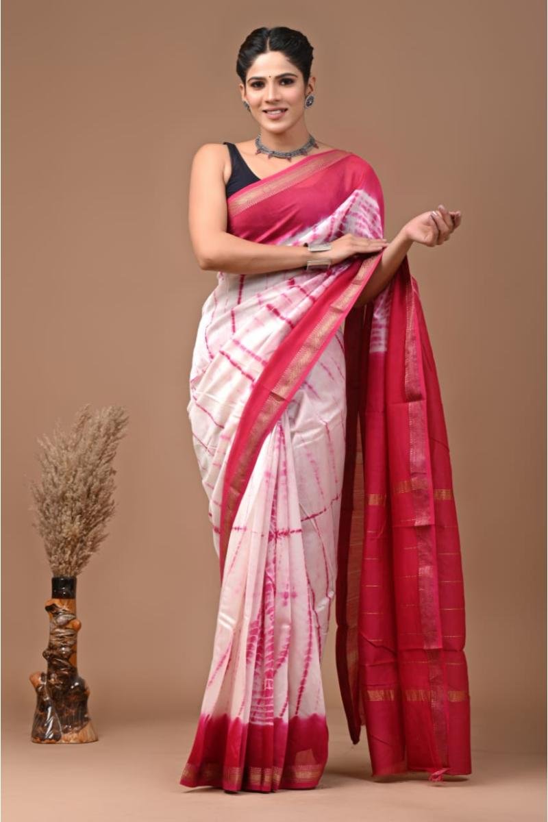 Maheshwari Saree - White Pink Tie-Dye Print (Front View) | BagruPrintCrafts