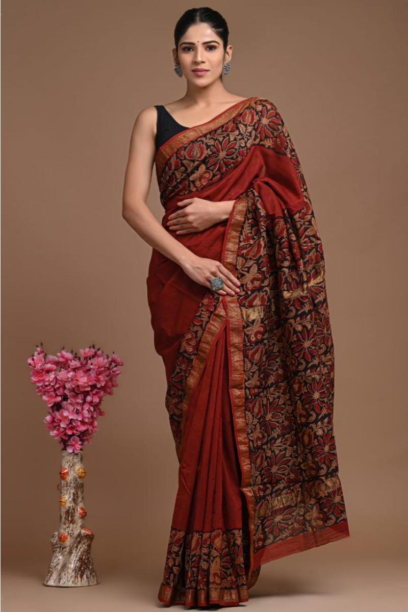 Maheshwari Saree Silk - Maroon Black Floral Jaal (Front View) | BagruPrintCrafts