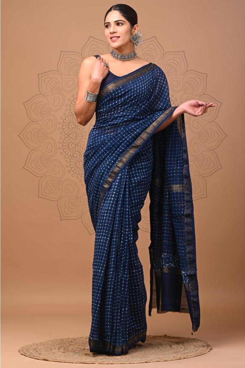 Indigo Maheshwari Saree Silk - Blue Checks Print (Front View) | BagruPrintCrafts