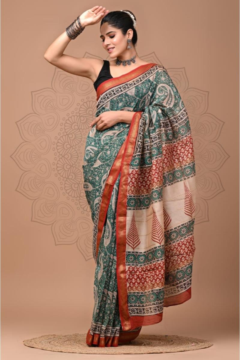 Maheshwari Silk Bagru Print Saree - Green Red Hand Block (Front View) | BagruPrintCrafts