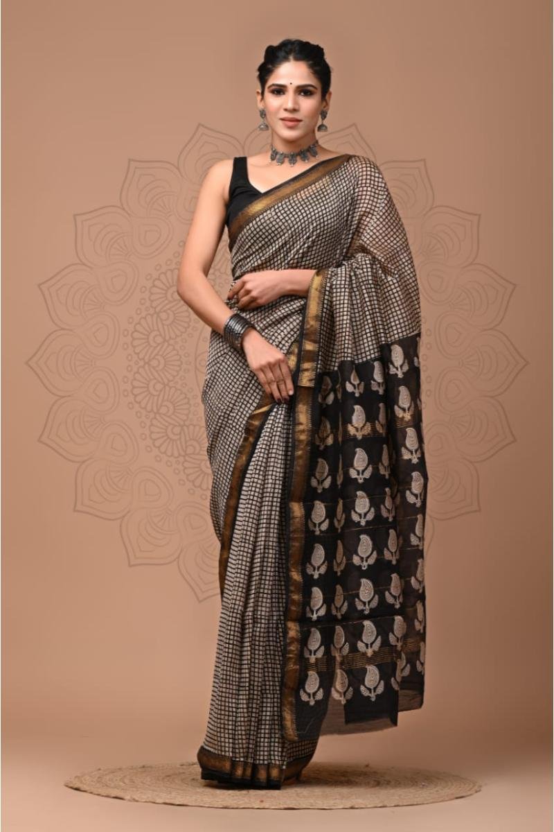 Silk Maheshwari Saree - Beige Black Checks Hand Block (Front View) | BagruPrintCrafts