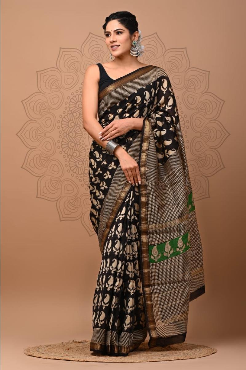 Maheshwari Silk Saree - Black Beige Hand Block (Front View) | BagruPrintCrafts