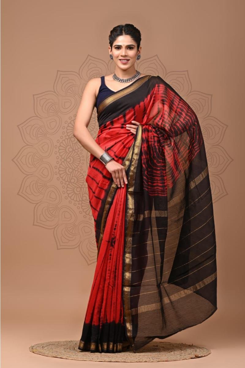 Red Maheshwari Saree - Red Black Tie-Dye Print (Front View) | BagruPrintCrafts