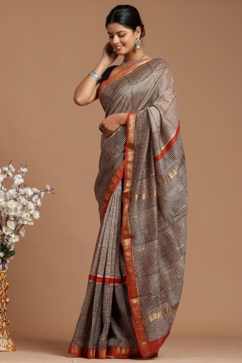 Maheshwari Silk Sarees - Brown Red Checks Print (Front View) | BagruPrintCrafts