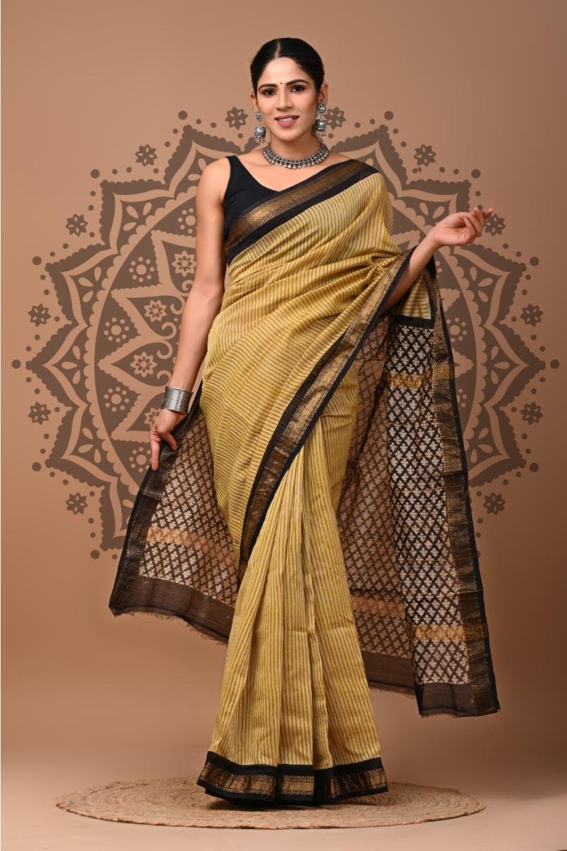 Printed Maheshwari Silk Saree - Yellow Black Stripes Hand Block (Front View) | BagruPrintCrafts
