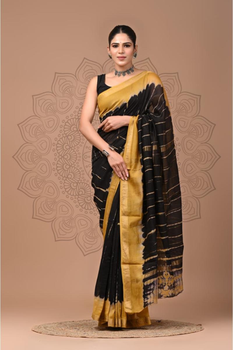 Tie And Maheshwari Silk Saree - Black Gold Tie-Dye Print (Front View) | BagruPrintCrafts