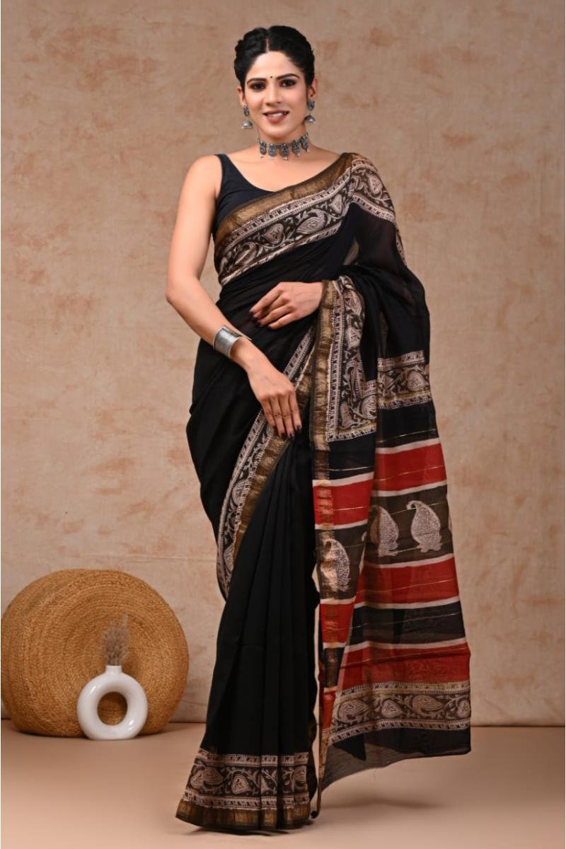 Black Maheshwari Silk Sarees - Black Paisley (Front View) | BagruPrintCrafts