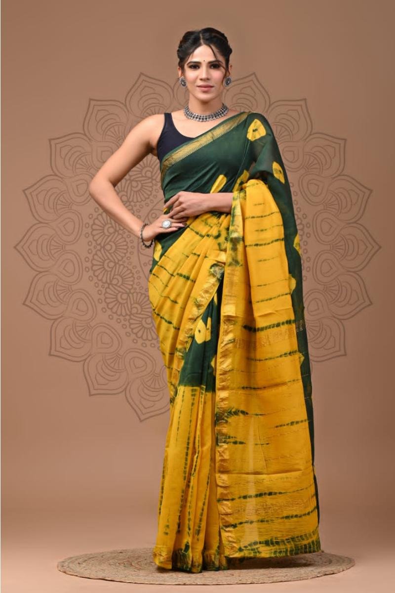 Maheshwari Silk Saree - Green Yellow Tie-Dye Print (Front View) | BagruPrintCrafts