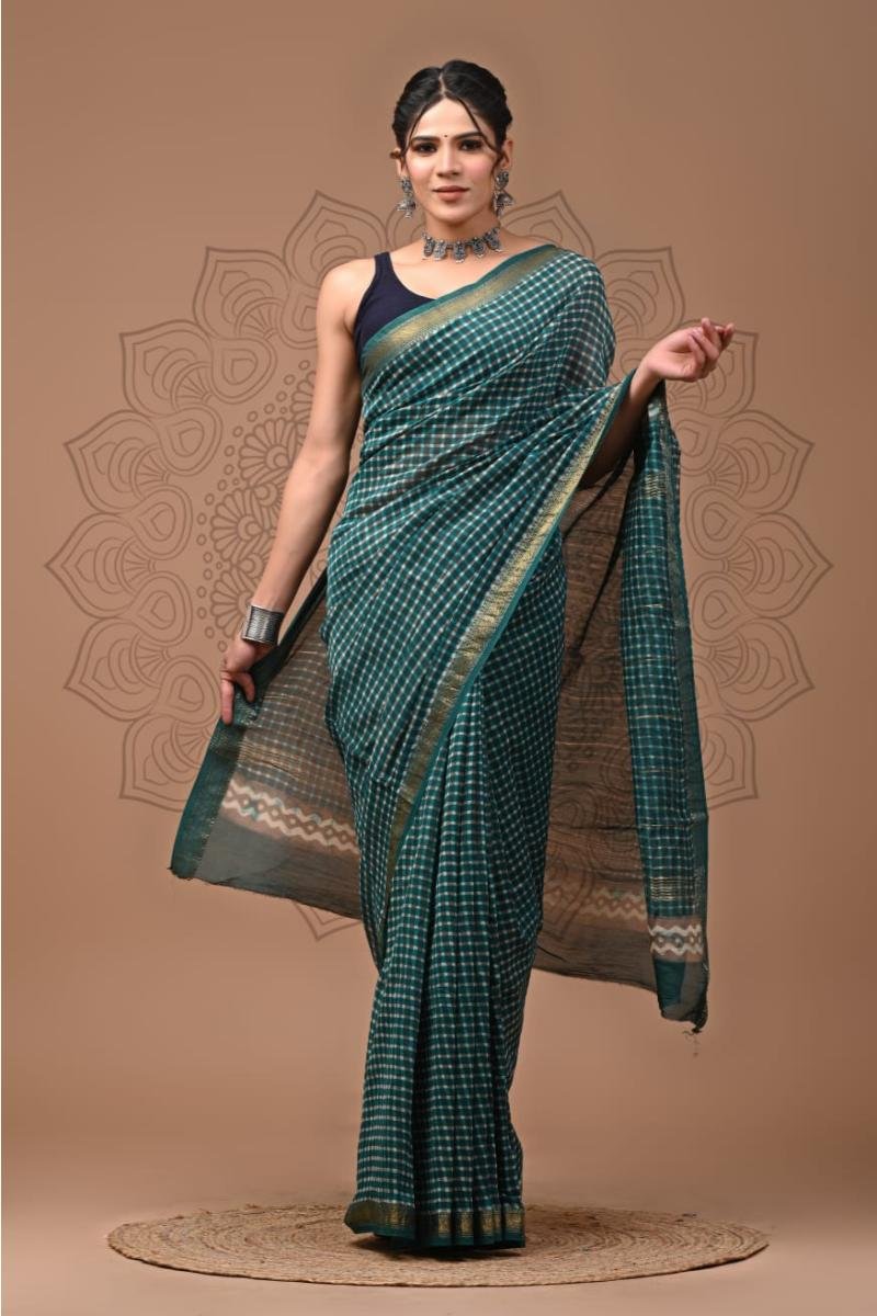 Maheshwari Printed Sarees - Teal Checks Checks Print (Front View) | BagruPrintCrafts