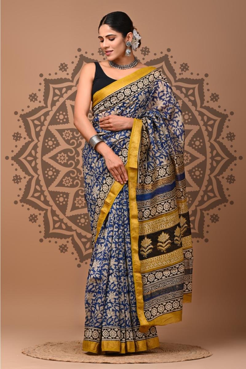 Maheshwari Print - Blue Gold Hand Block (Front View) | BagruPrintCrafts