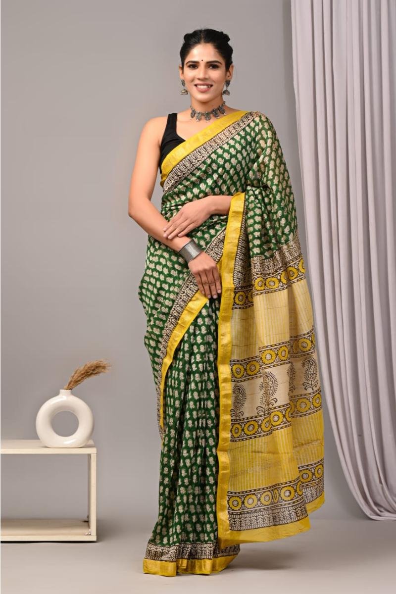 Bagru Maheshwari Cotton Silk Saree - Green Yellow Buti (Front View) | BagruPrintCrafts