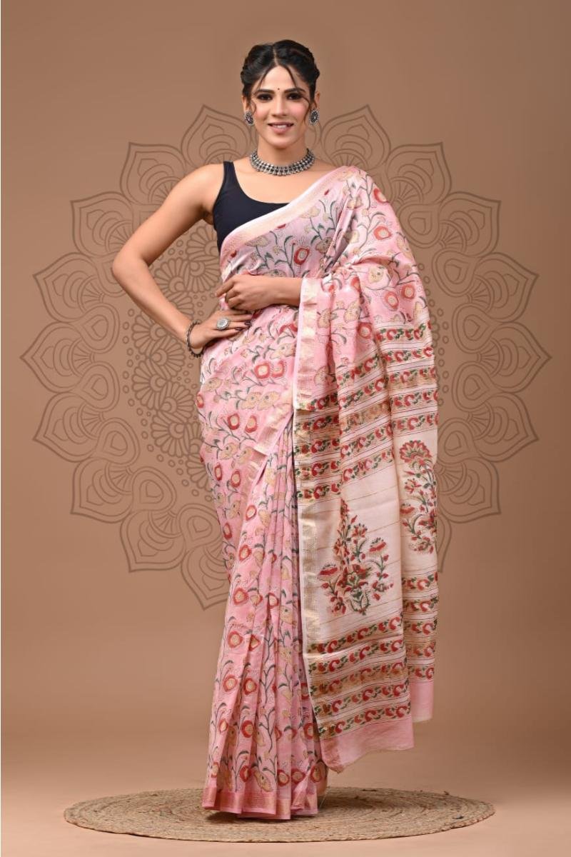 Maheshwari Silk Saree - Pink Floral Floral Print (Front View) | BagruPrintCrafts