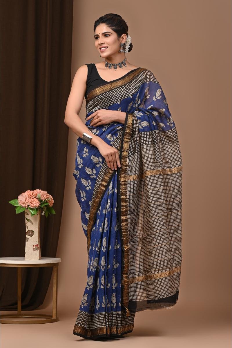 Maheshwari Silk Bagru Print Saree - Blue Buti (Front View) | BagruPrintCrafts