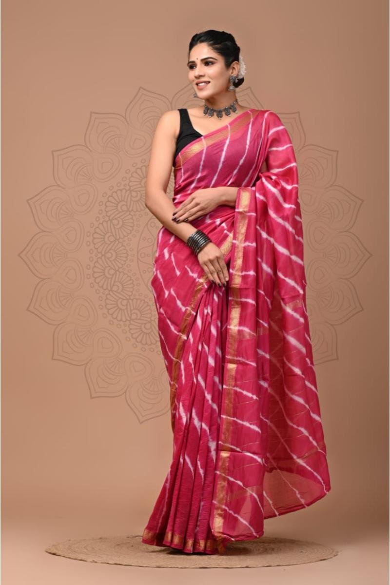 Pink Maheshwari Saree - Pink Leheriya (Front View) | BagruPrintCrafts