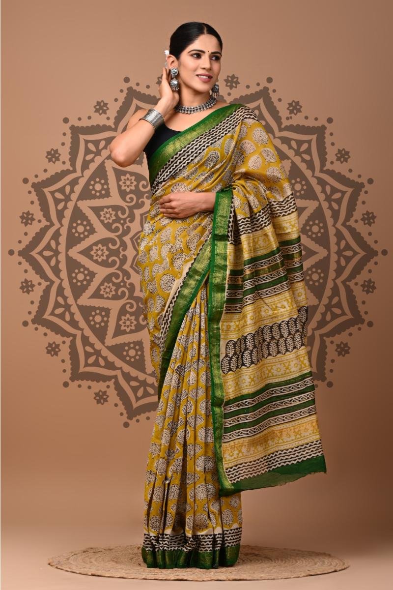 Bagru Print Silk Saree - Yellow Green Block Print (Front View) | BagruPrintCrafts