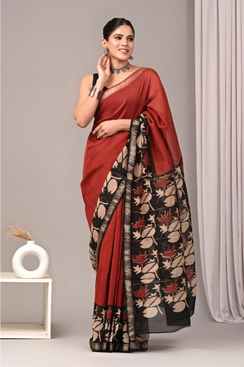Original Maheshwari Sarees - Brick Red Floral (Front View) | BagruPrintCrafts