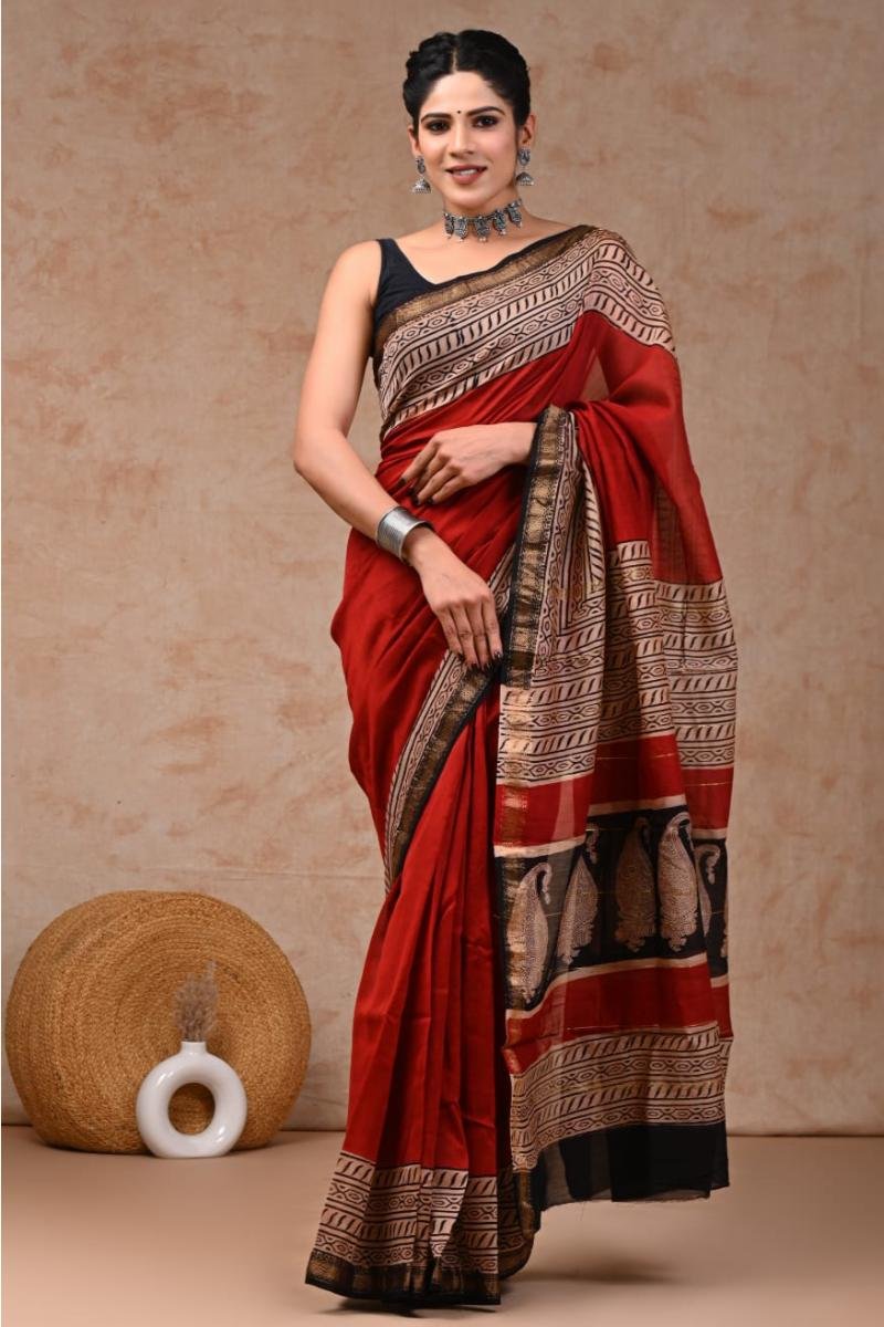 Red Maheshwari Silk Saree - Rust Red Geometric (Front View) | BagruPrintCrafts
