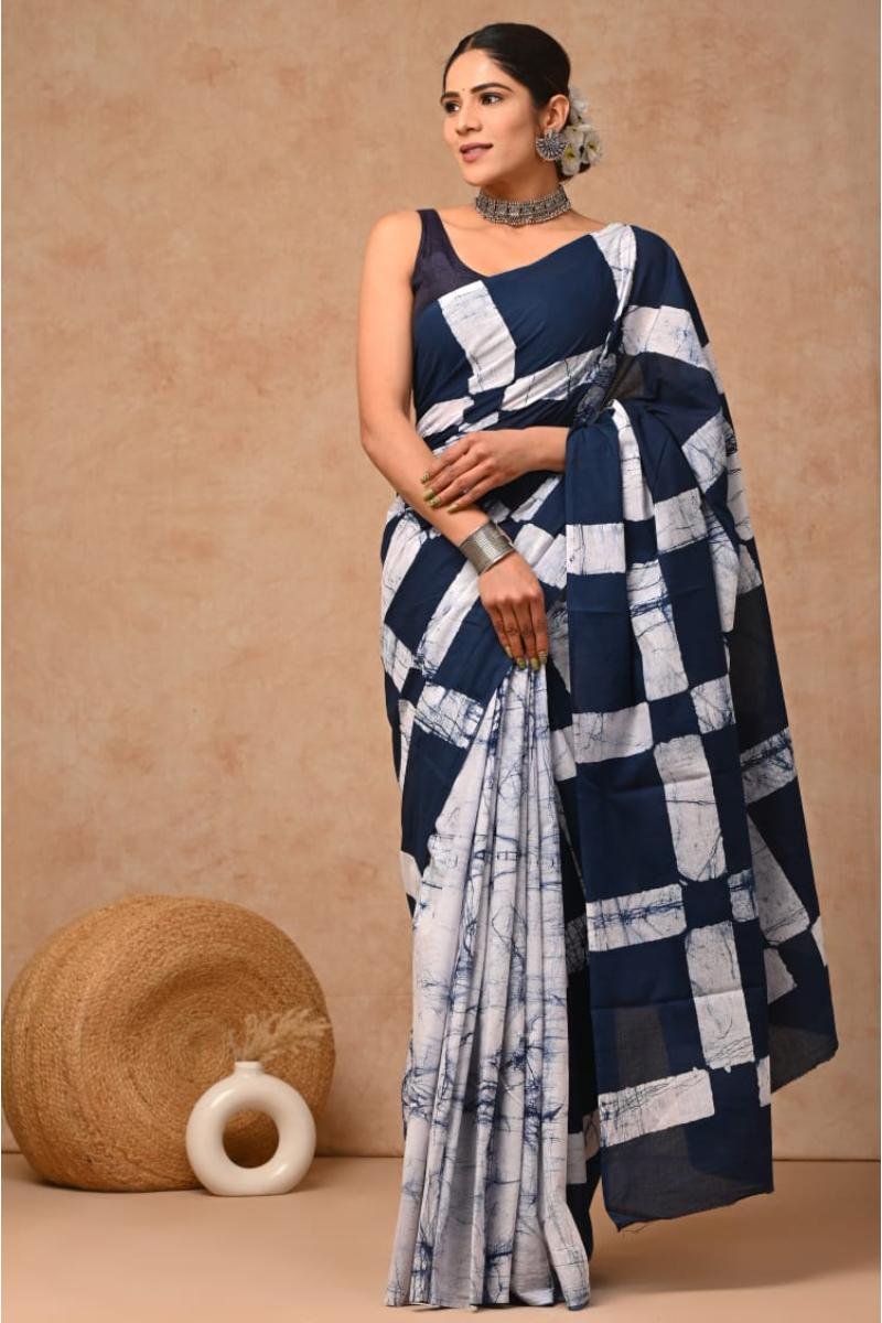 Cotton Hand Block Print Saree - Navy Blue Batik Print Lightweight (Front View) | BagruPrintCrafts