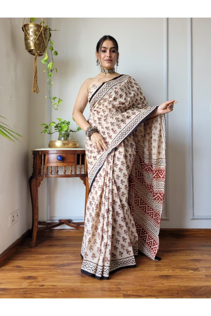 Block Printed Saree - Cream Bagru Print Breathable (Front View) | BagruPrintCrafts