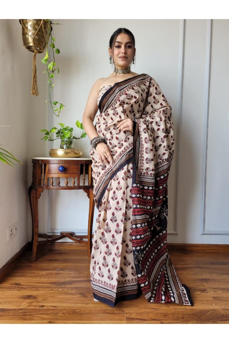 Bagru Cotton Saree - Cream Bagru Print Breathable (Front View) | BagruPrintCrafts