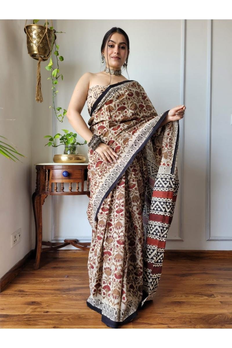 Best Mulmul Cotton Sarees - Beige Bagru Kalamkari Print Soft Feel (Front View) | BagruPrintCrafts