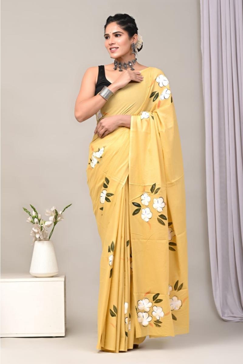 Hand Painted Mulmul Saree - Mustard Hand Painted Lightweight (Front View) | BagruPrintCrafts